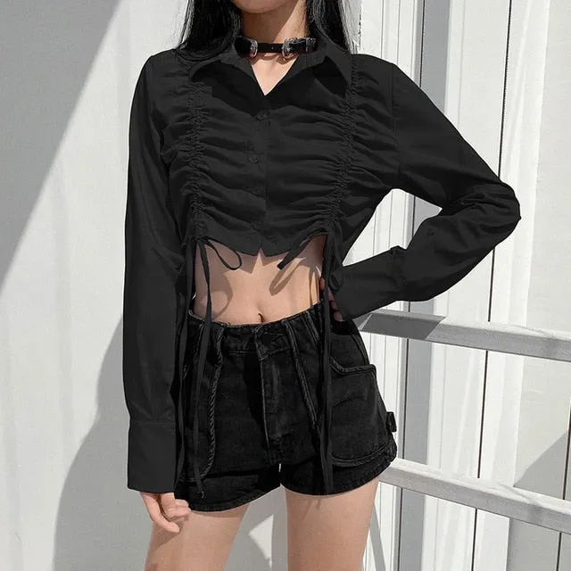 Autumn Drawstring Elegant Crop Top Long Sleeve