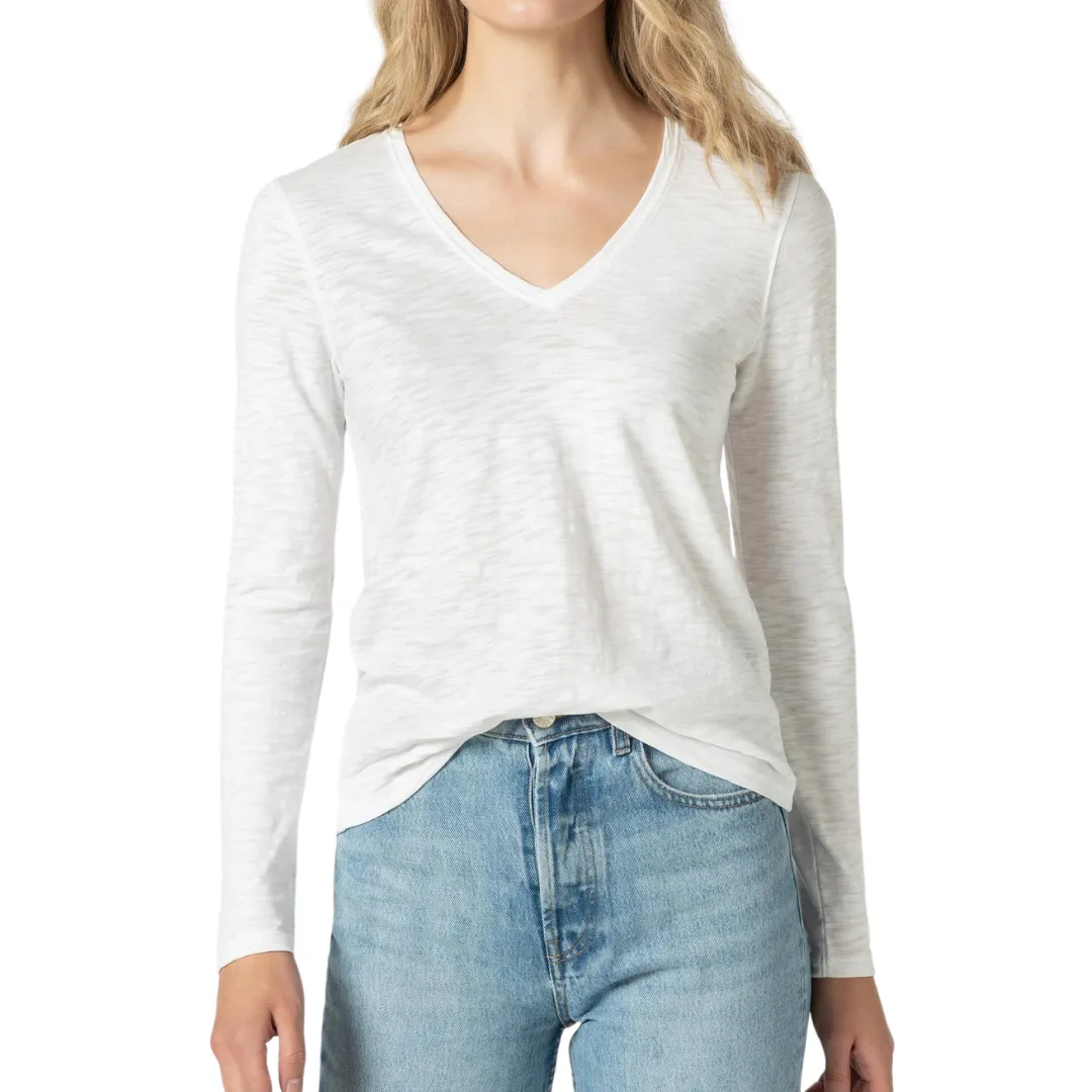 Back Seam Long Sleeve V-Neck Tee (White)