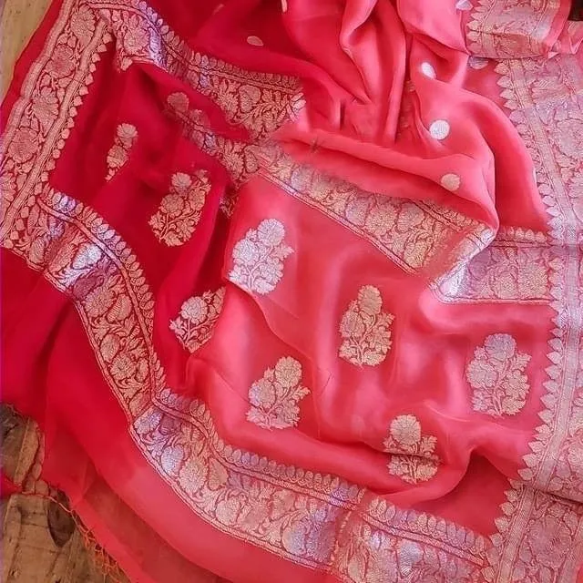 Banarasi Chiffon Elegant Peach Pink Buti Saree