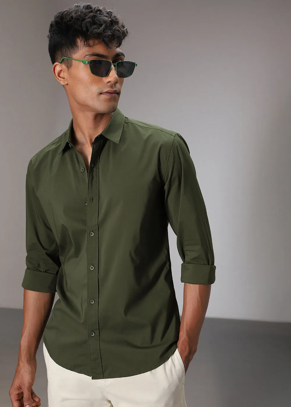 Stylish Dark Green Cotton Shirt