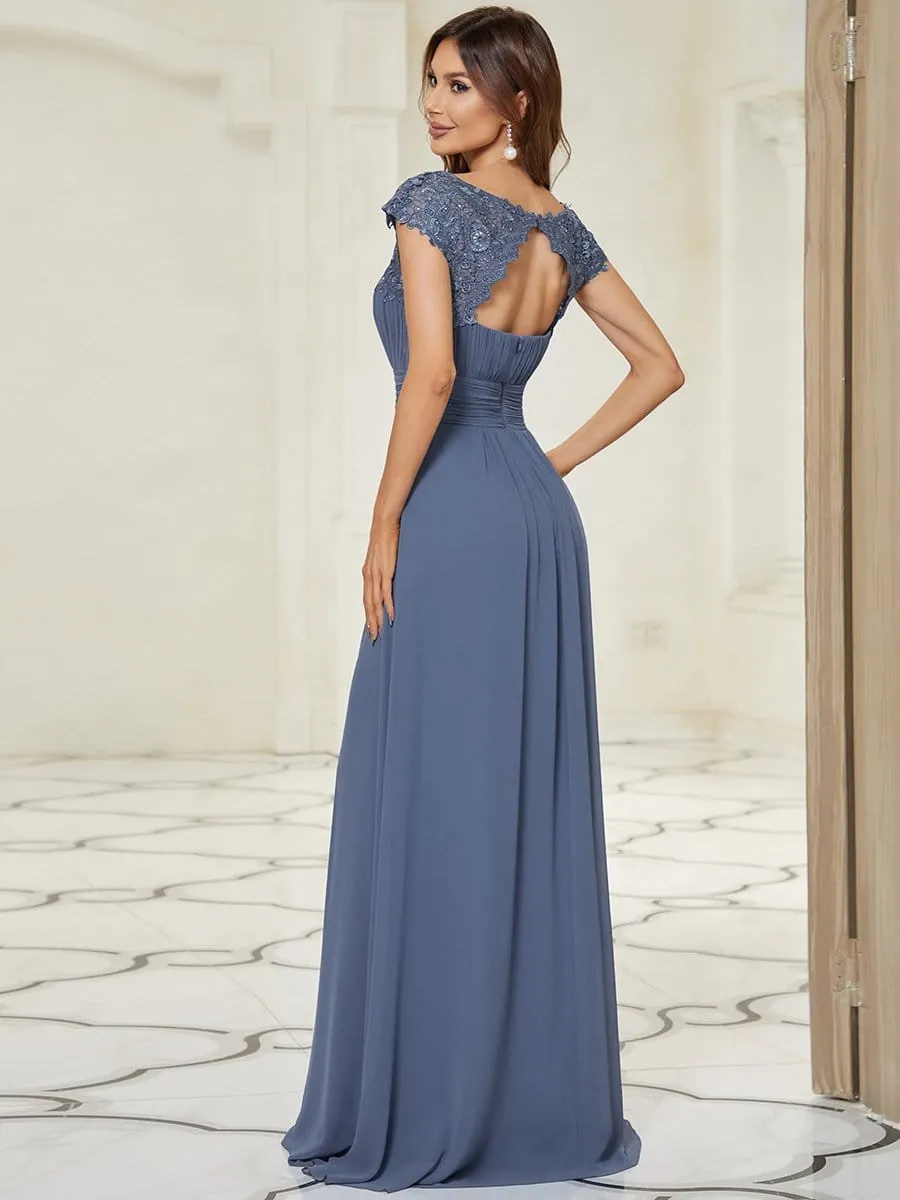 Elegant Maxi Long Lace Cap Sleeve Bridesmaid Dress