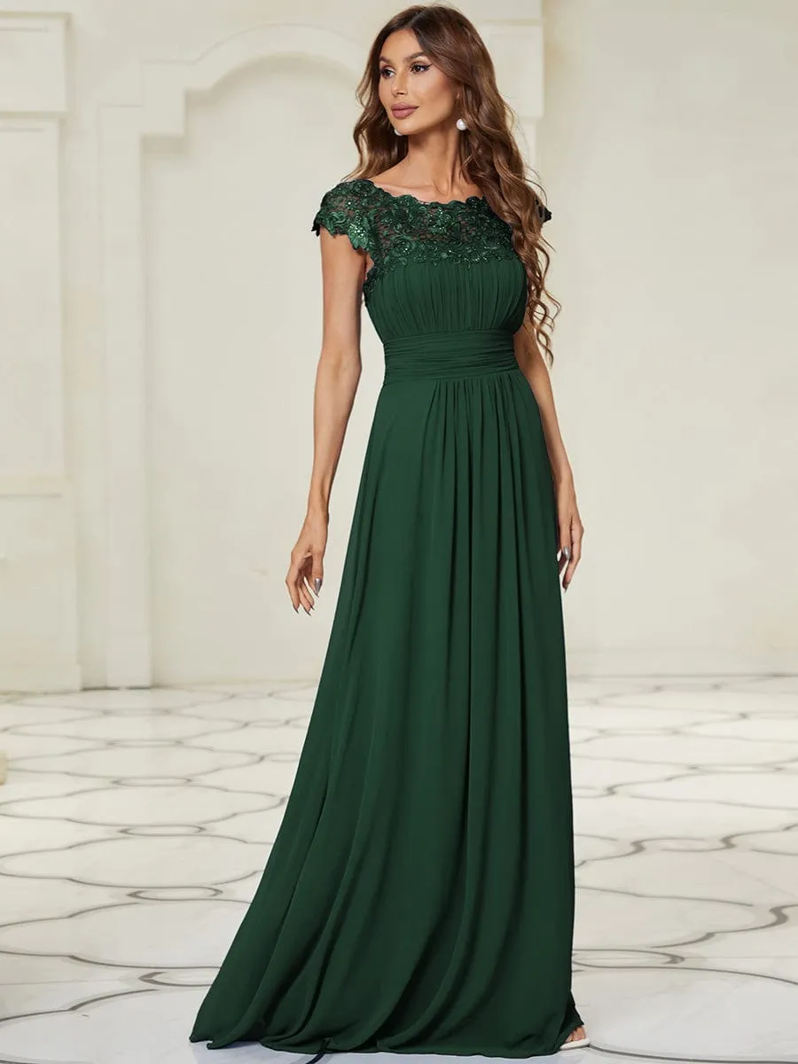 Elegant Maxi Long Lace Cap Sleeve Bridesmaid Dress