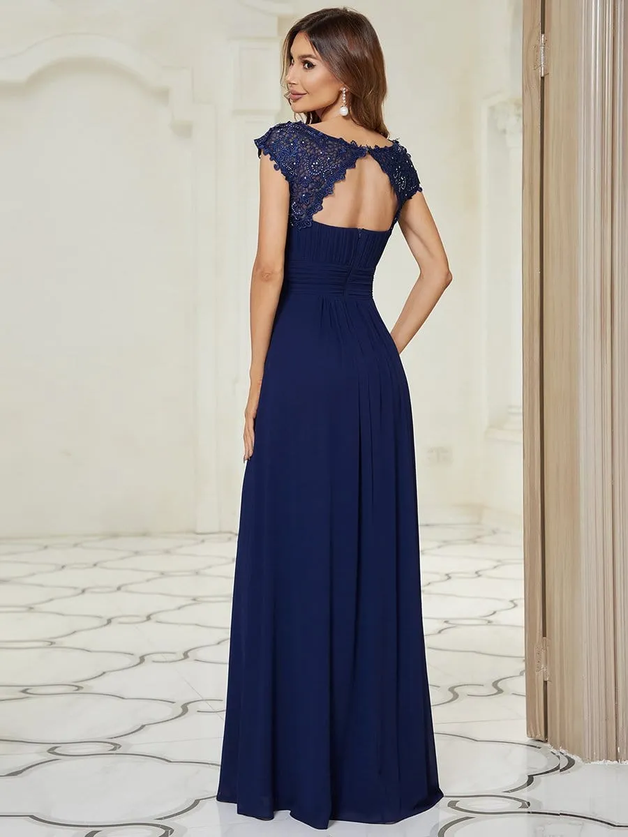 Elegant Maxi Long Lace Cap Sleeve Bridesmaid Dress