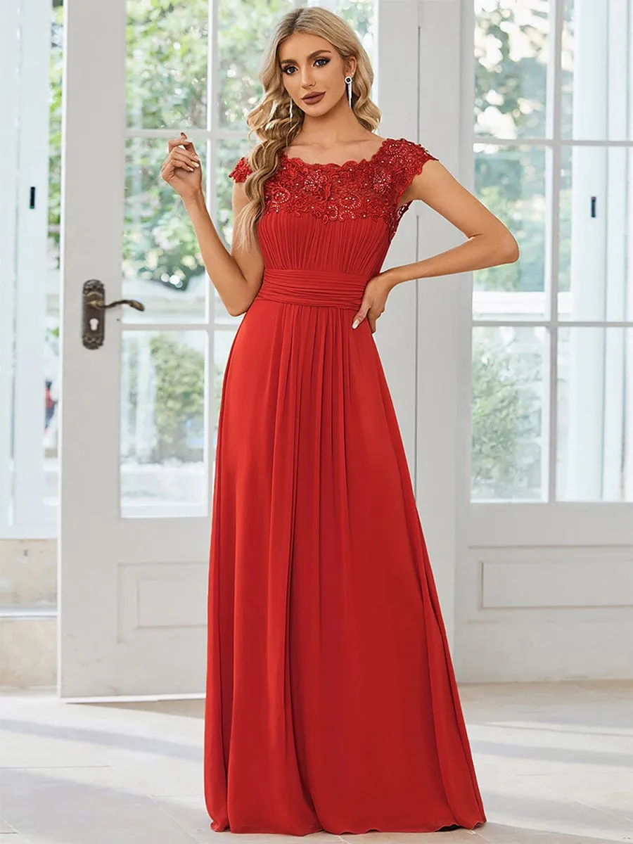 Elegant Maxi Long Lace Cap Sleeve Bridesmaid Dress