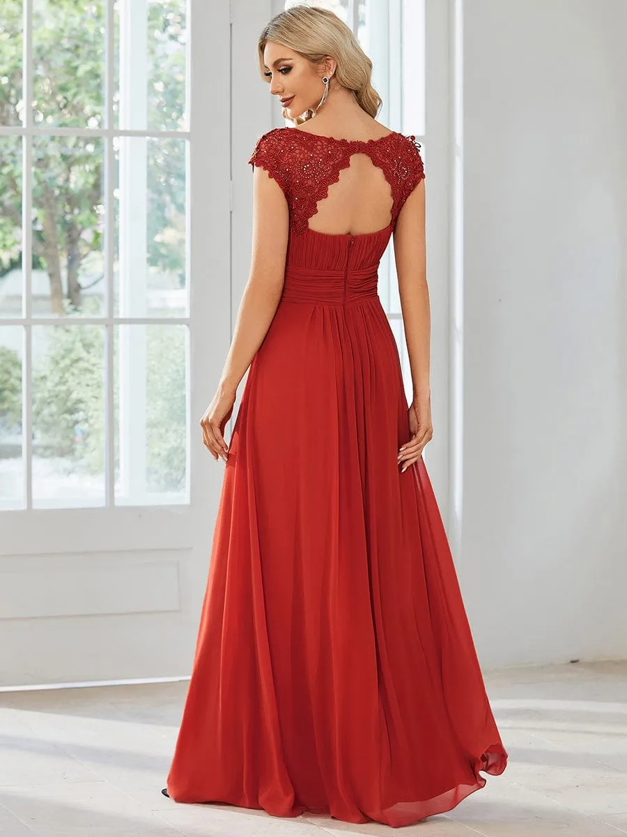 Elegant Maxi Long Lace Cap Sleeve Bridesmaid Dress