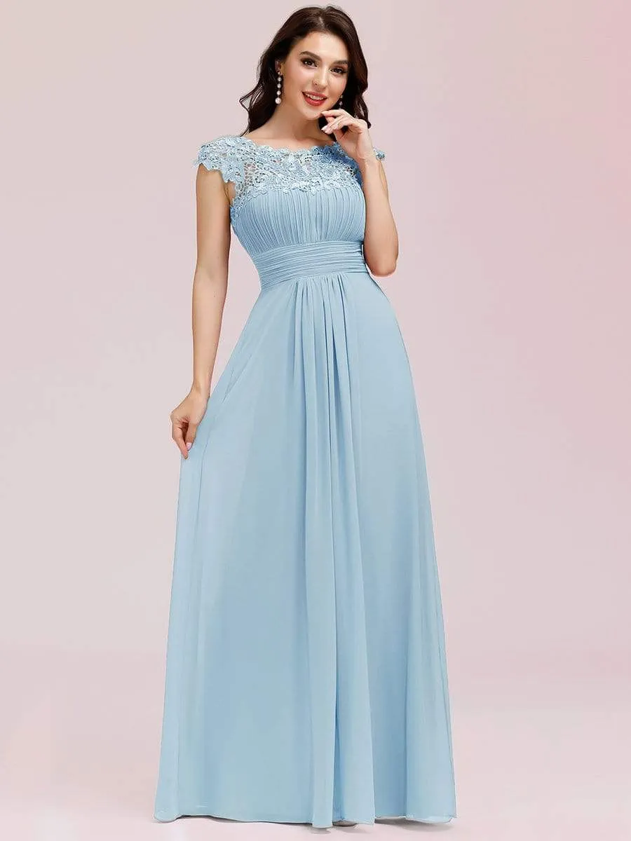 Elegant Maxi Long Lace Cap Sleeve Bridesmaid Dress