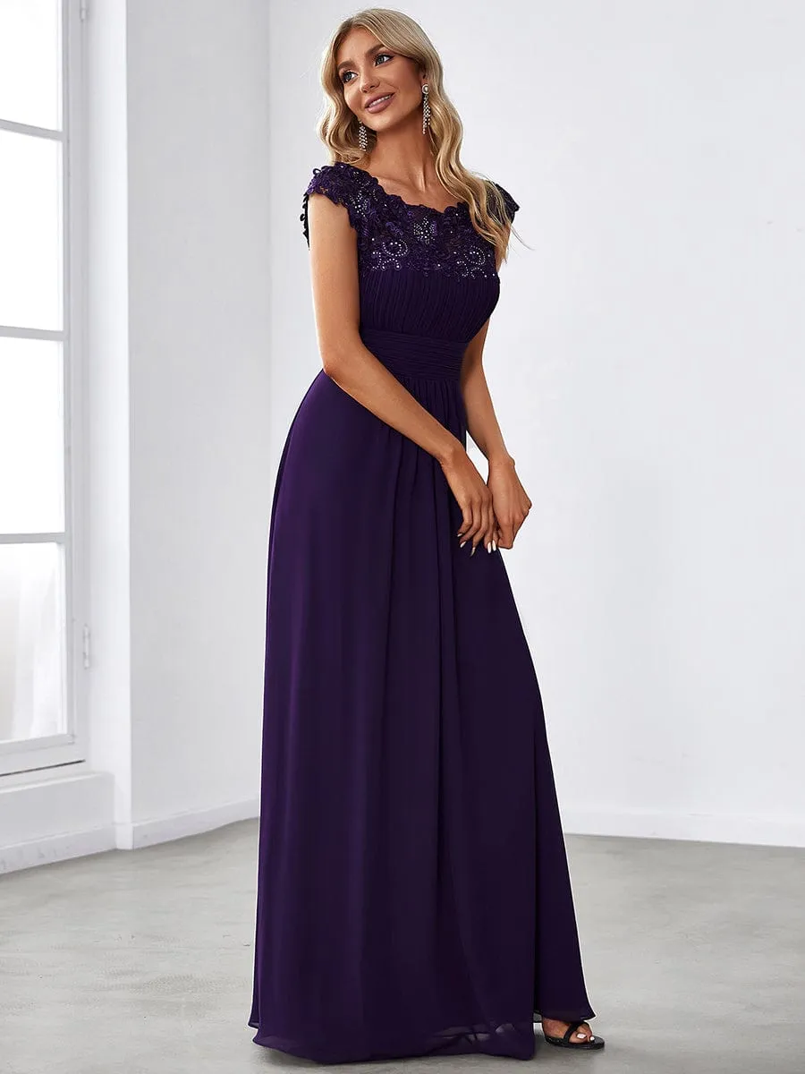 Elegant Maxi Long Lace Cap Sleeve Bridesmaid Dress