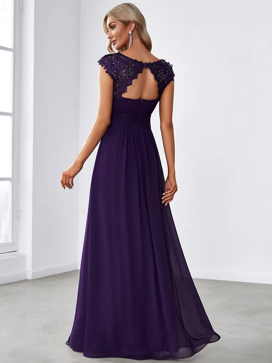 Elegant Maxi Long Lace Cap Sleeve Bridesmaid Dress