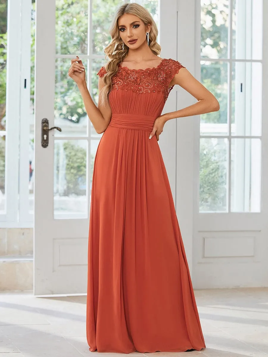 Elegant Maxi Long Lace Cap Sleeve Bridesmaid Dress