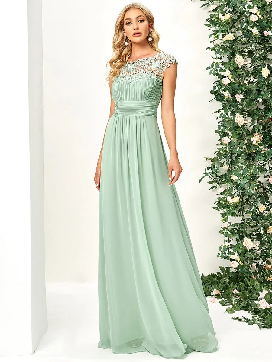 Elegant Maxi Long Lace Cap Sleeve Bridesmaid Dress