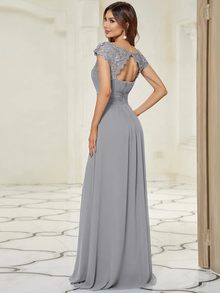 Elegant Maxi Long Lace Cap Sleeve Bridesmaid Dress