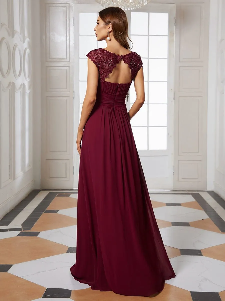 Elegant Maxi Long Lace Cap Sleeve Bridesmaid Dress