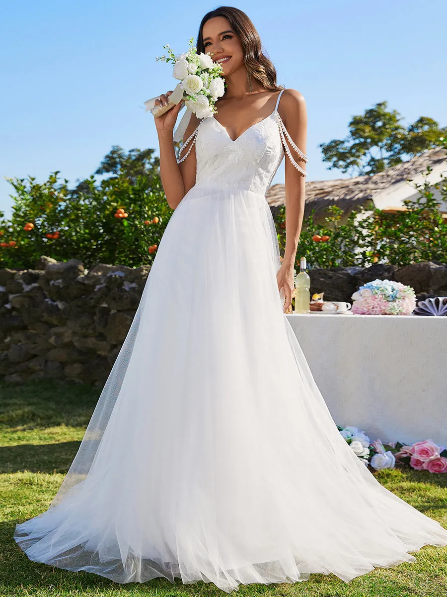 Elegant Spaghetti Straps Pearl Wedding Dress with Sleeveless