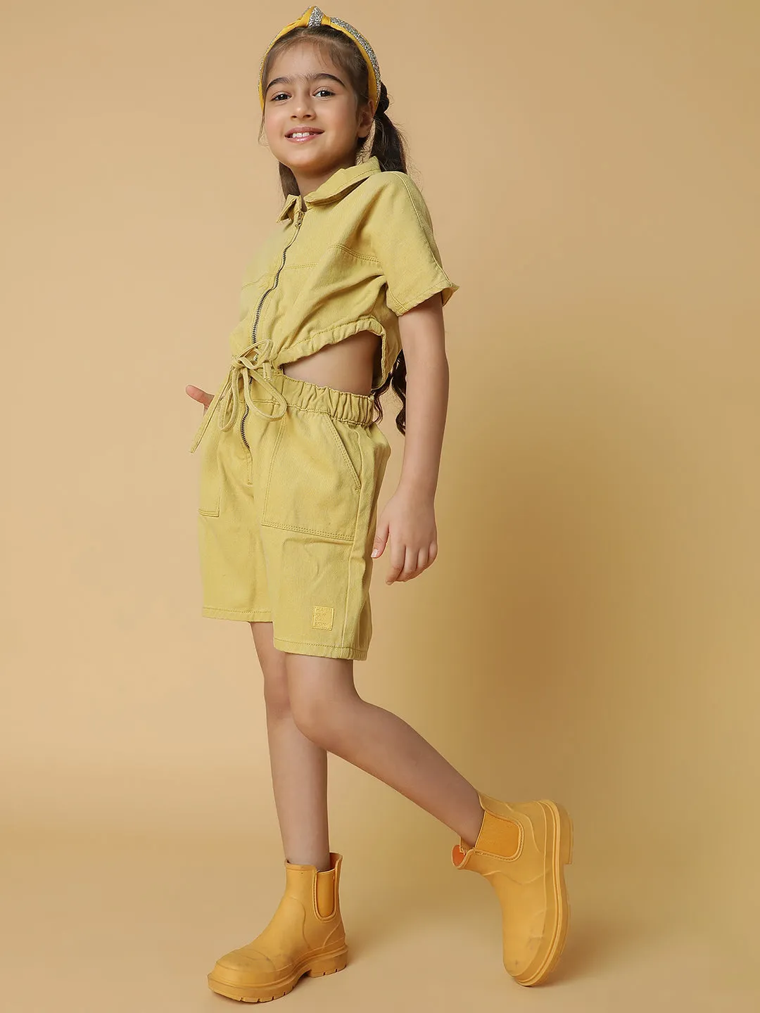 Girls Khaki Cotton Jumpsuit