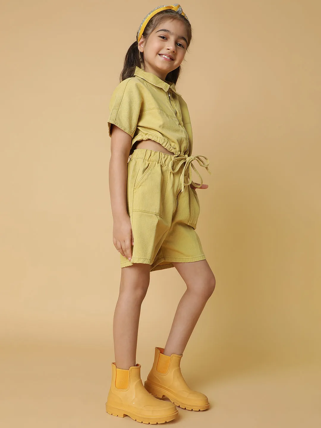 Girls Khaki Cotton Jumpsuit