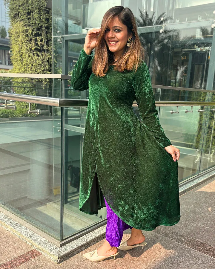 Green Asymmetrical Velvet Kurta For Women