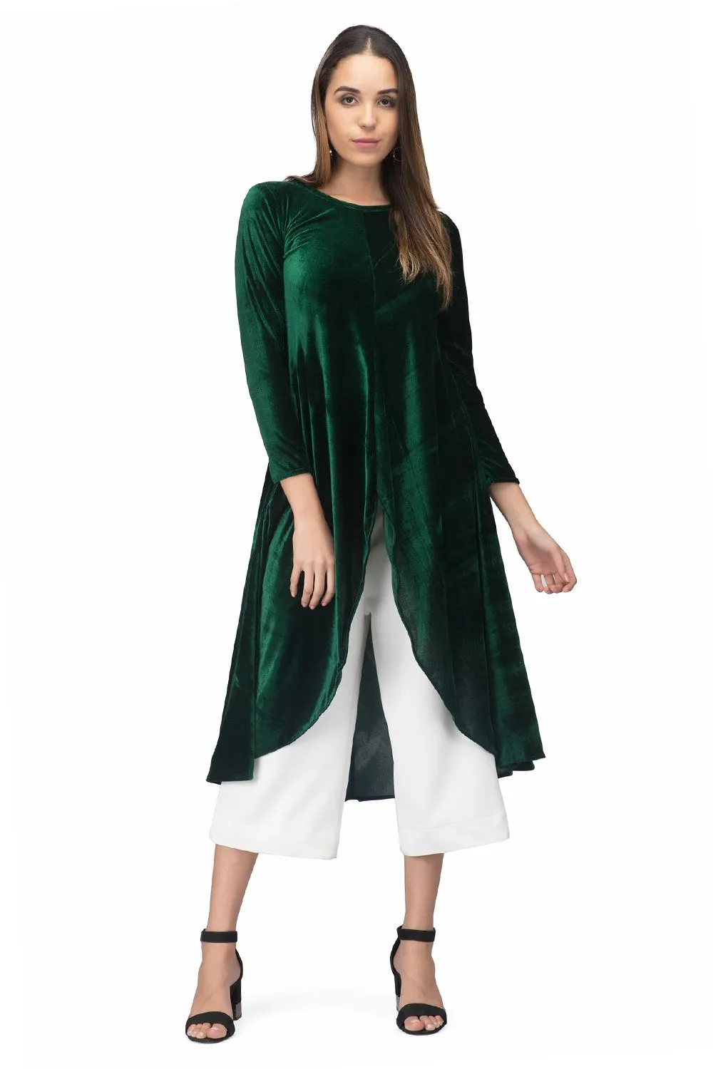 Green Asymmetrical Velvet Kurta For Women