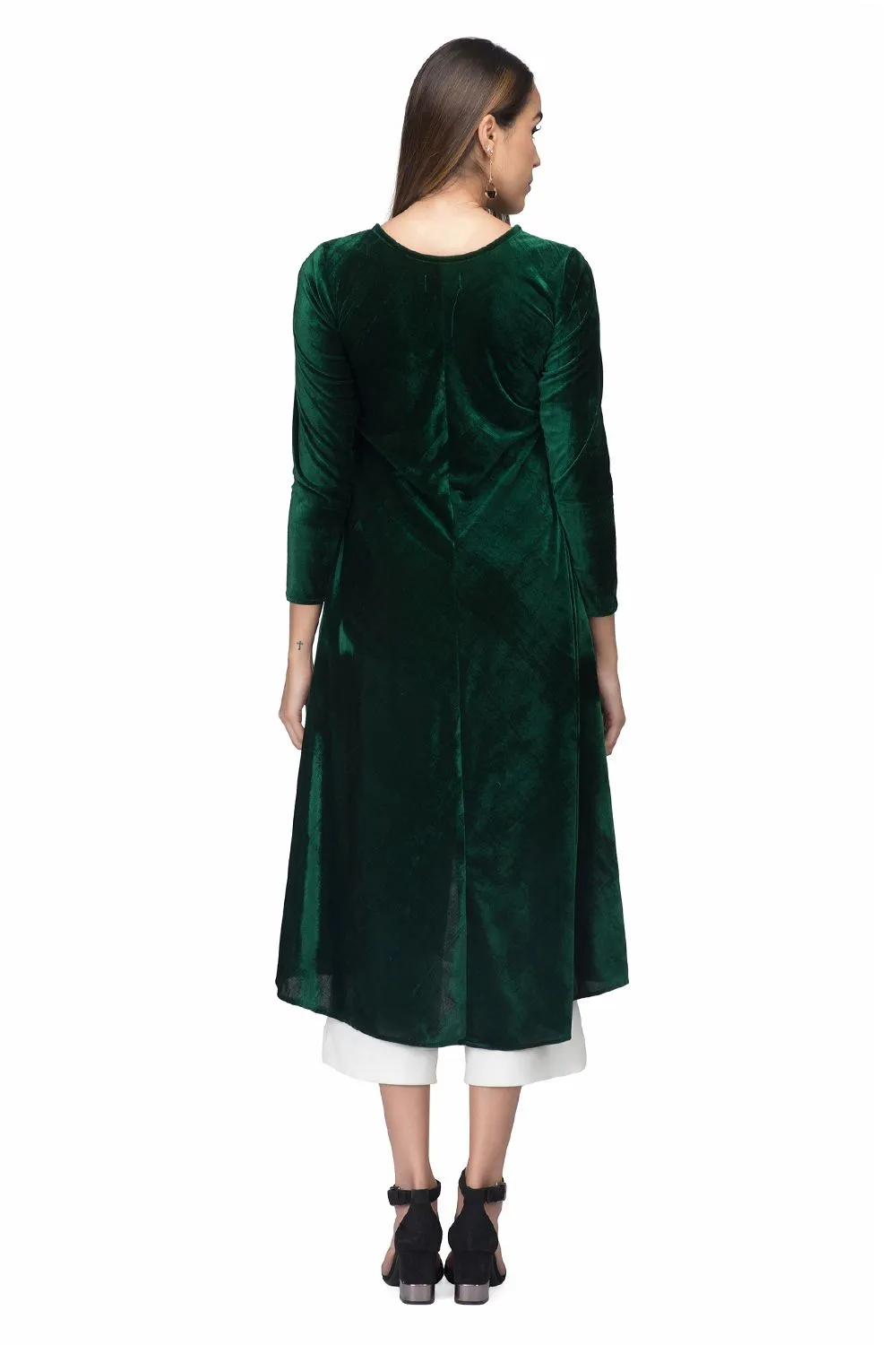 Green Asymmetrical Velvet Kurta For Women