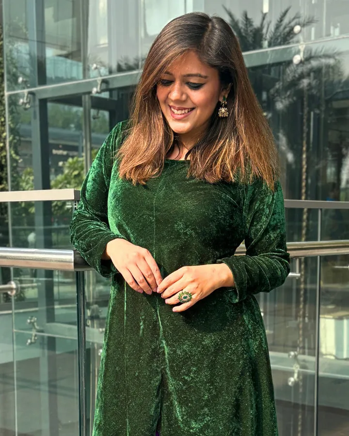 Green Asymmetrical Velvet Kurta For Women