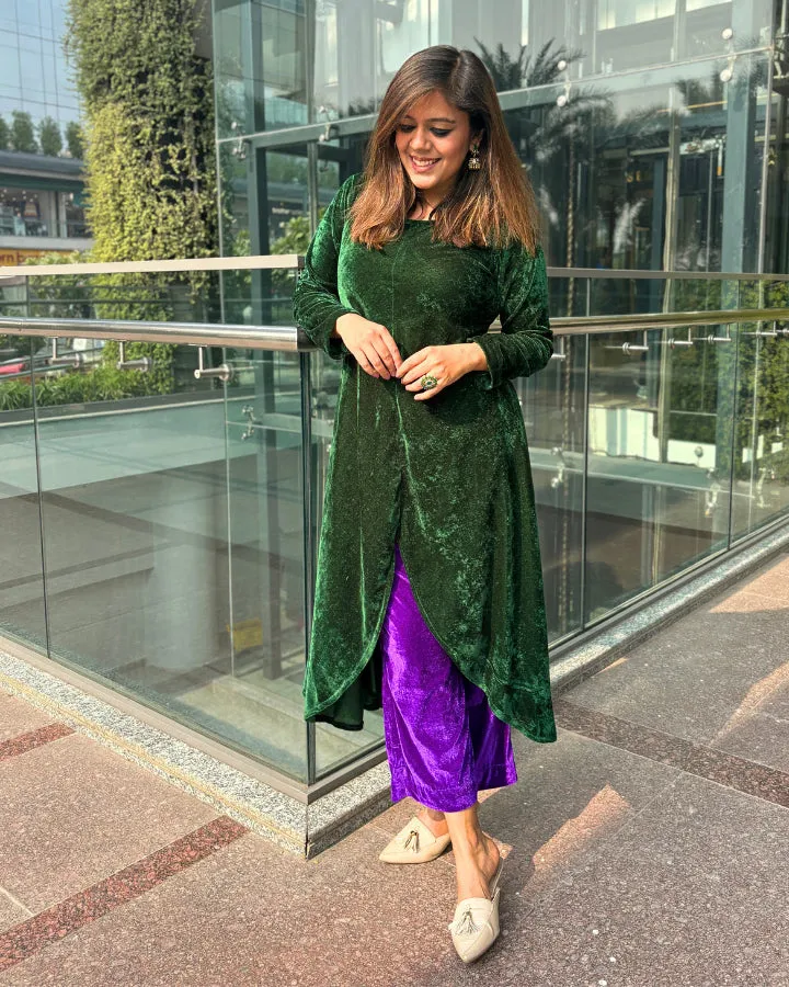 Green Asymmetrical Velvet Kurta For Women