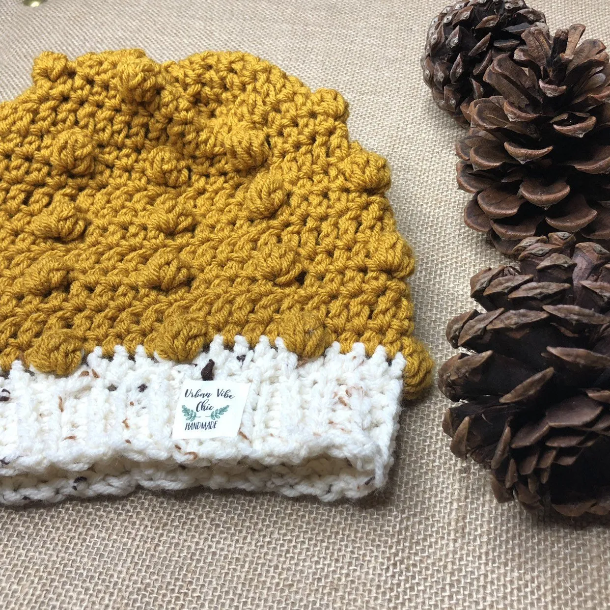 Hand Knit Crochet Mustard Yellow and Ivory Winter Hat | Slouchy Hat | Puff Beanie Cozy Thick Winter Hat | Women Winter Hat | unisex Beanies