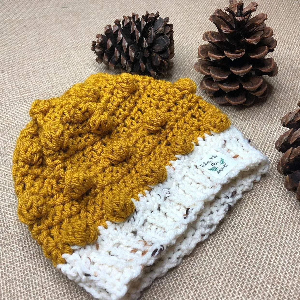 Hand Knit Crochet Mustard Yellow and Ivory Winter Hat | Slouchy Hat | Puff Beanie Cozy Thick Winter Hat | Women Winter Hat | unisex Beanies