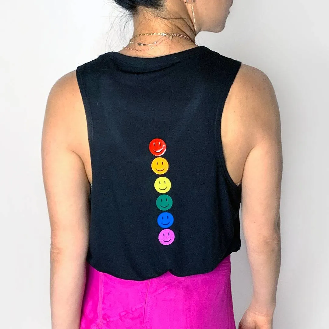 Jane Cozy Chic Black Tank Top - Neon Rainbow Smileys