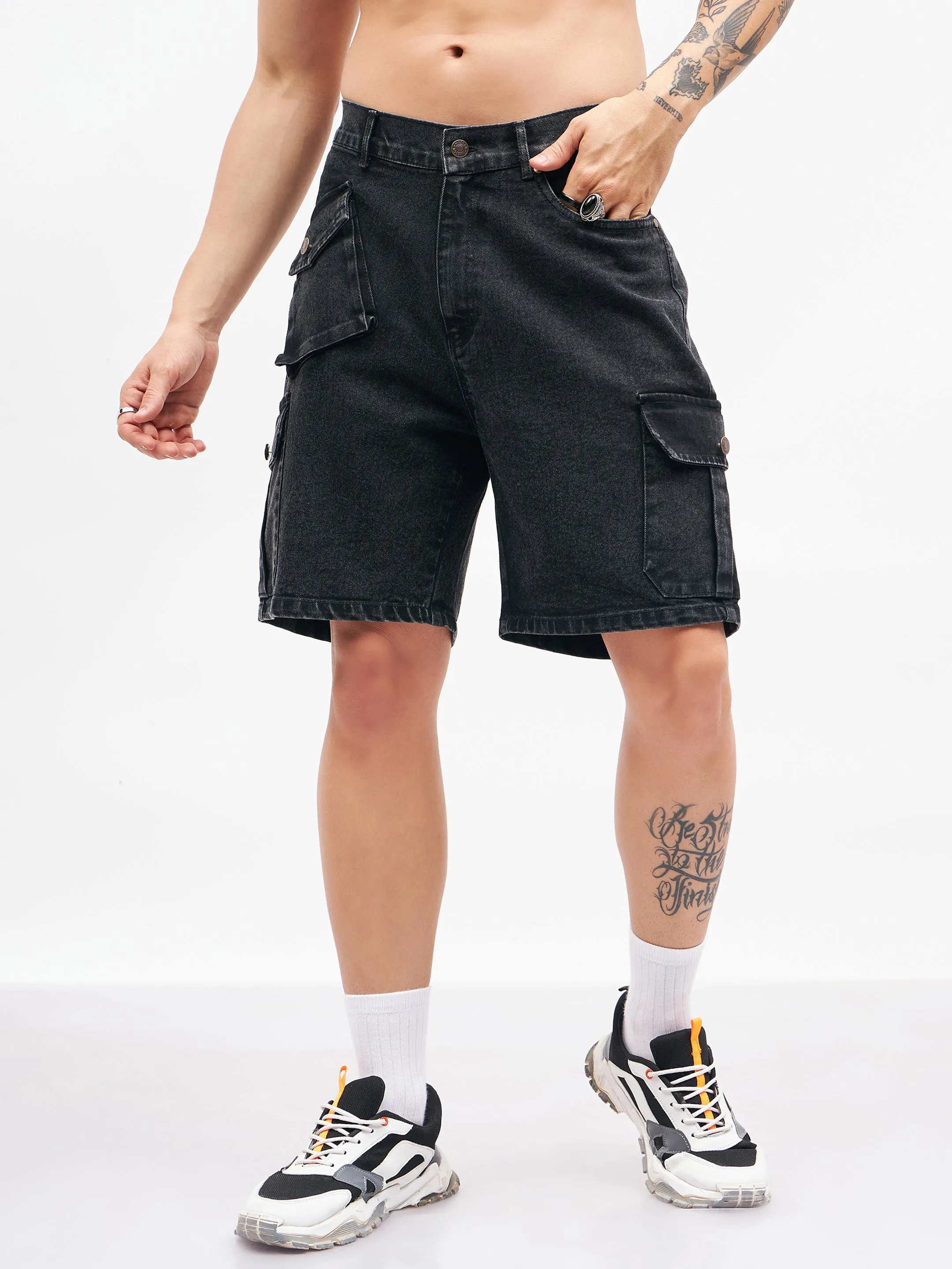 Men Black Utility Pocket Denim Shorts