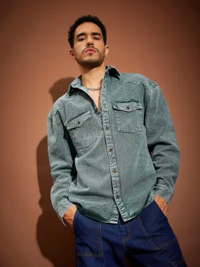 Men Green Washed Denim Oversized Shirt