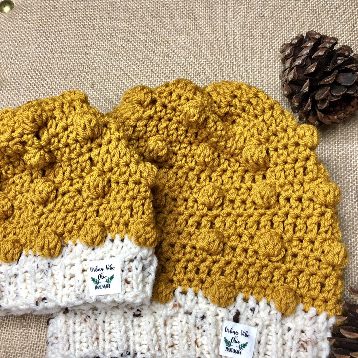 Mommy and Me Hand Knit Crochet  Set Mustard Yellow and Ivory Winter Hat | Slouchy Hat | Puff Beanie Cozy Thick Winter Hat | Women Winter Hat