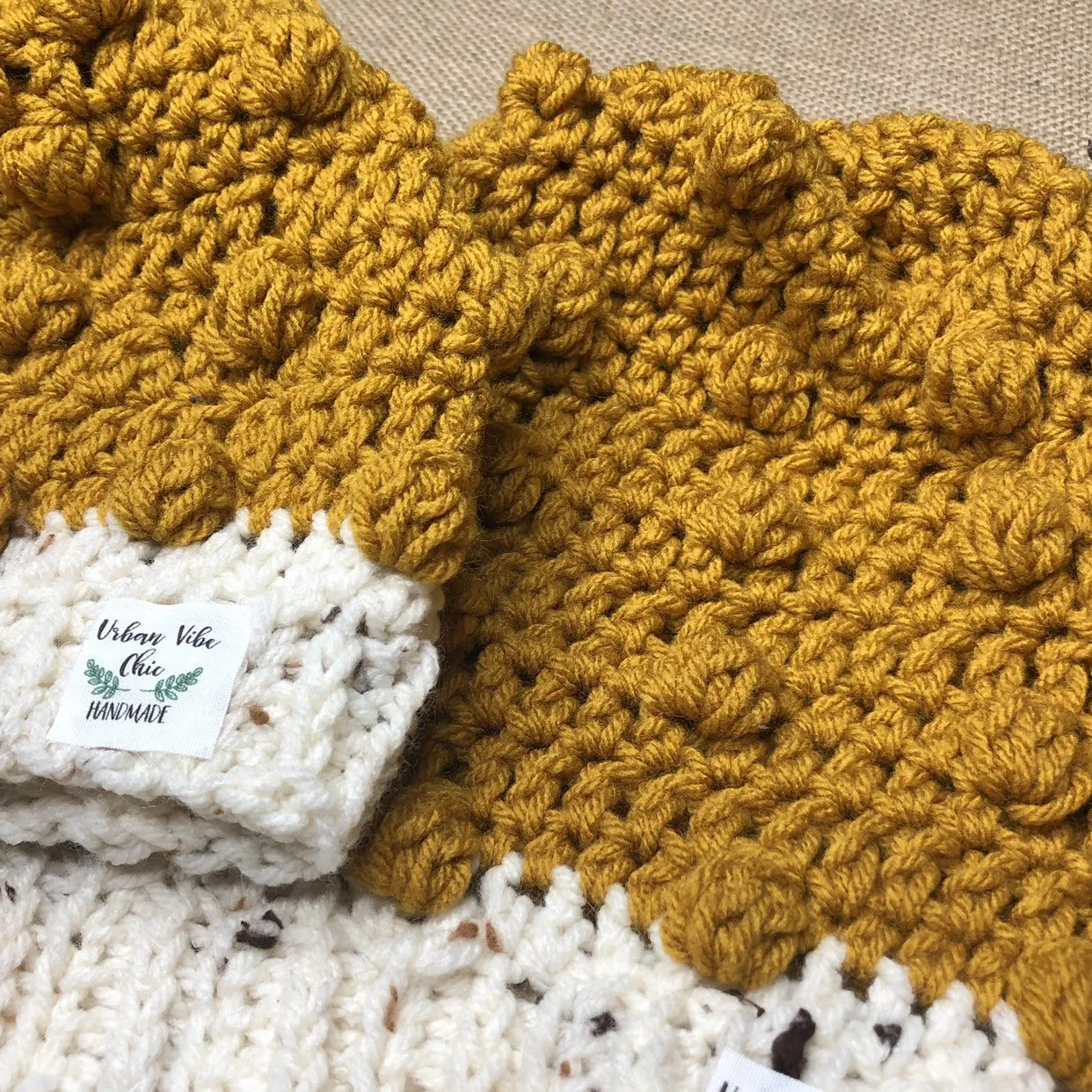 Mommy and Me Hand Knit Crochet  Set Mustard Yellow and Ivory Winter Hat | Slouchy Hat | Puff Beanie Cozy Thick Winter Hat | Women Winter Hat