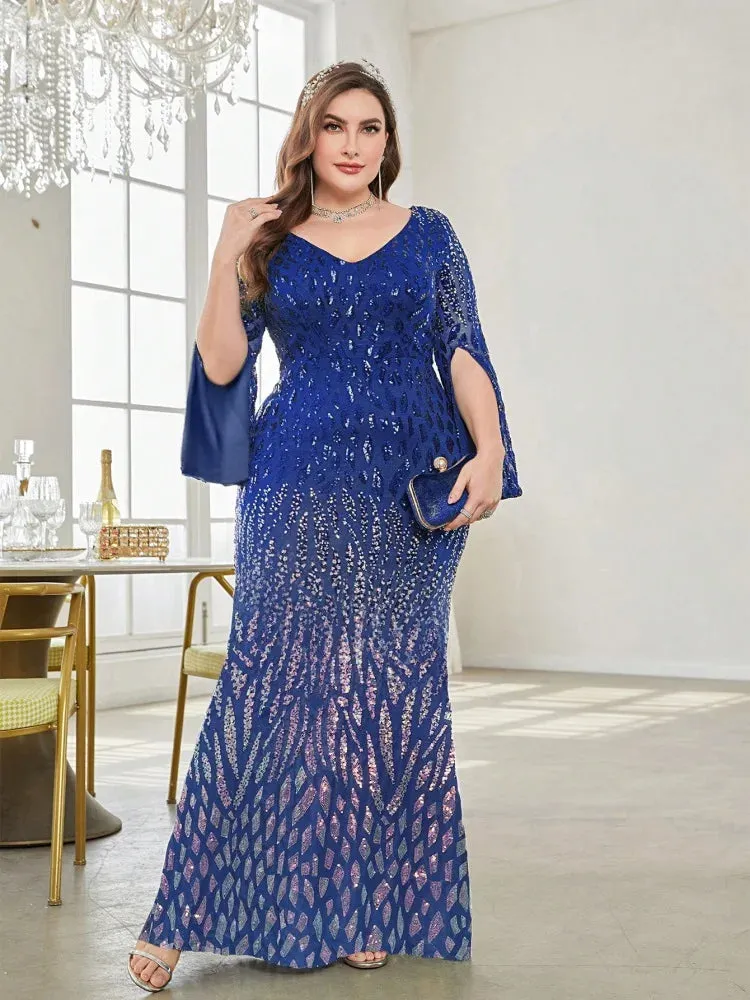 Plus Size Elegant Sequin Split Sleeve Evening Dress