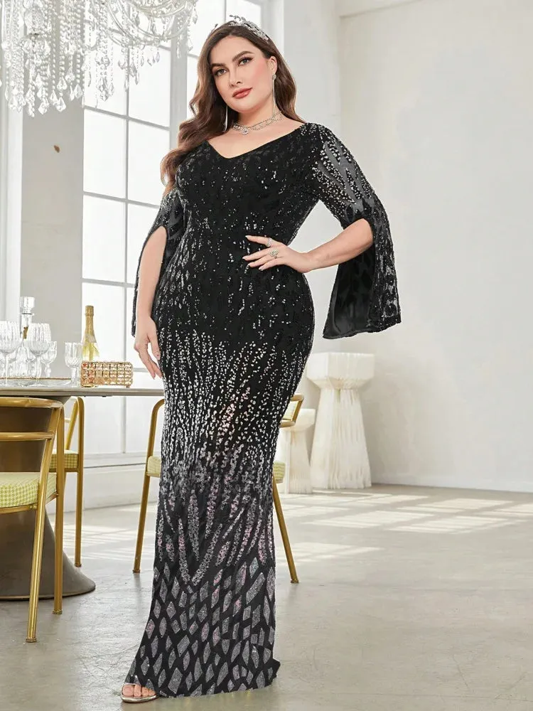 Plus Size Elegant Sequin Split Sleeve Evening Dress