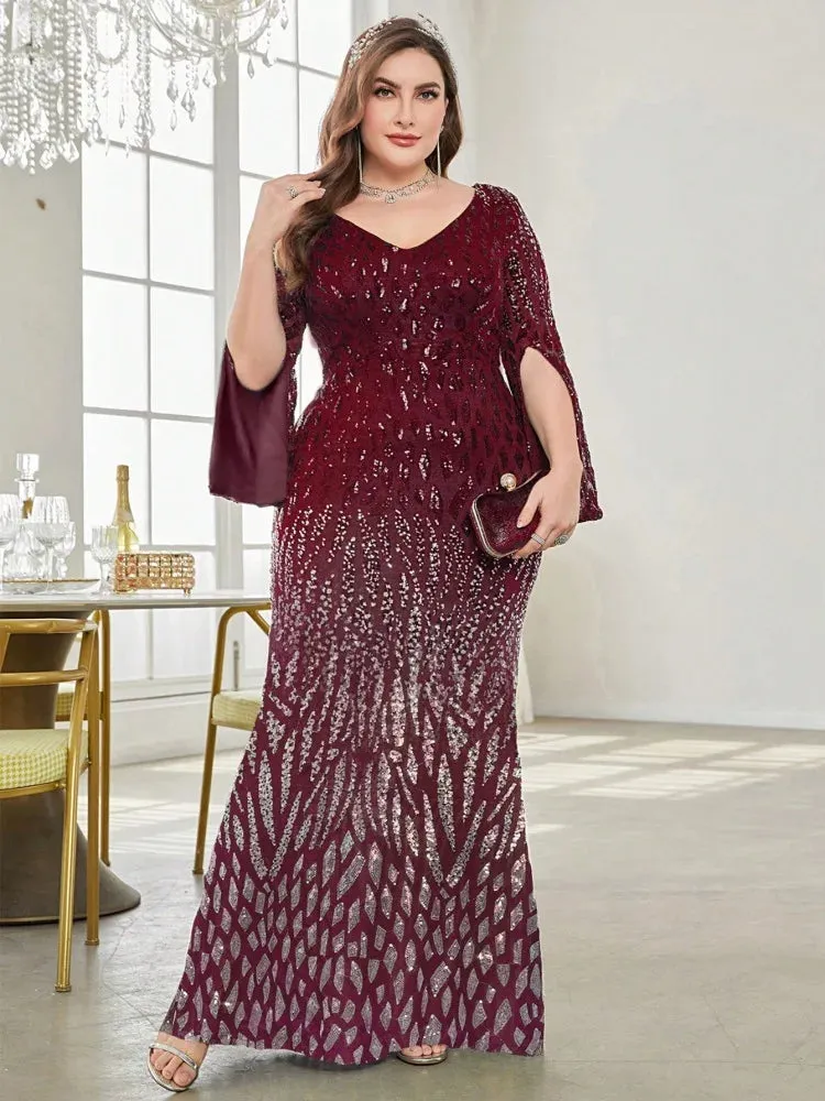 Plus Size Elegant Sequin Split Sleeve Evening Dress