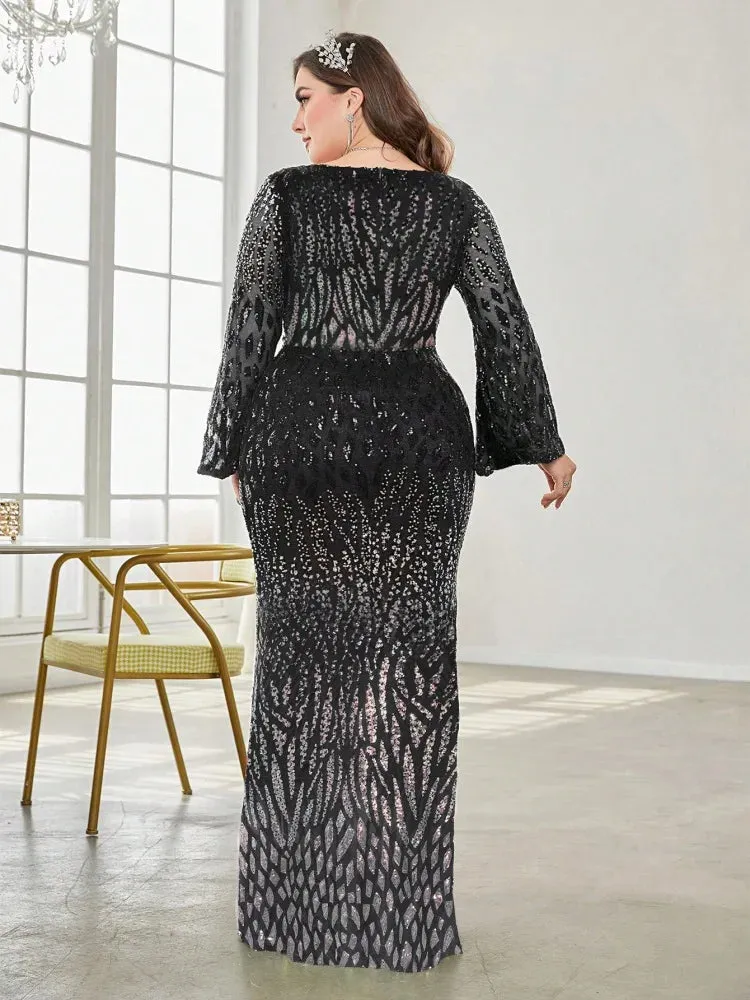 Plus Size Elegant Sequin Split Sleeve Evening Dress