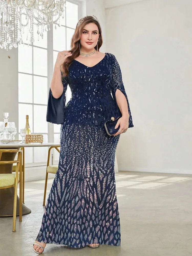 Plus Size Elegant Sequin Split Sleeve Evening Dress