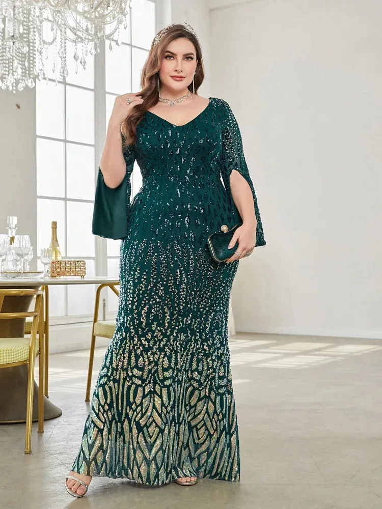 Plus Size Elegant Sequin Split Sleeve Evening Dress