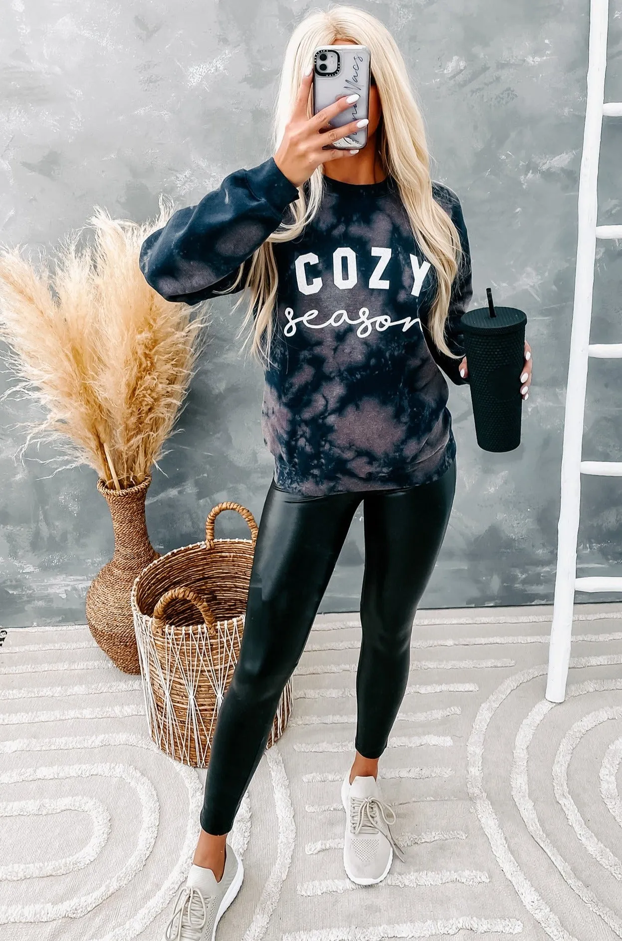 "Cozy Season" Bleached Graphic Sweatshirt (Navy Bleach Splash)