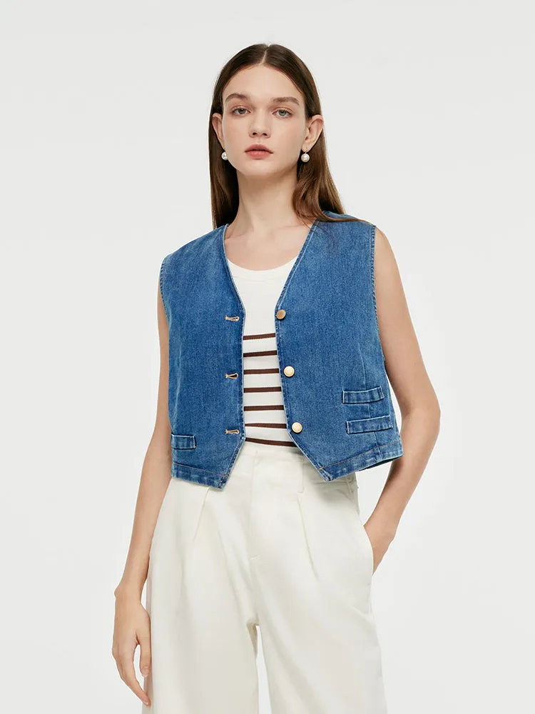 Single-Breasted Women Denim Crop Vest