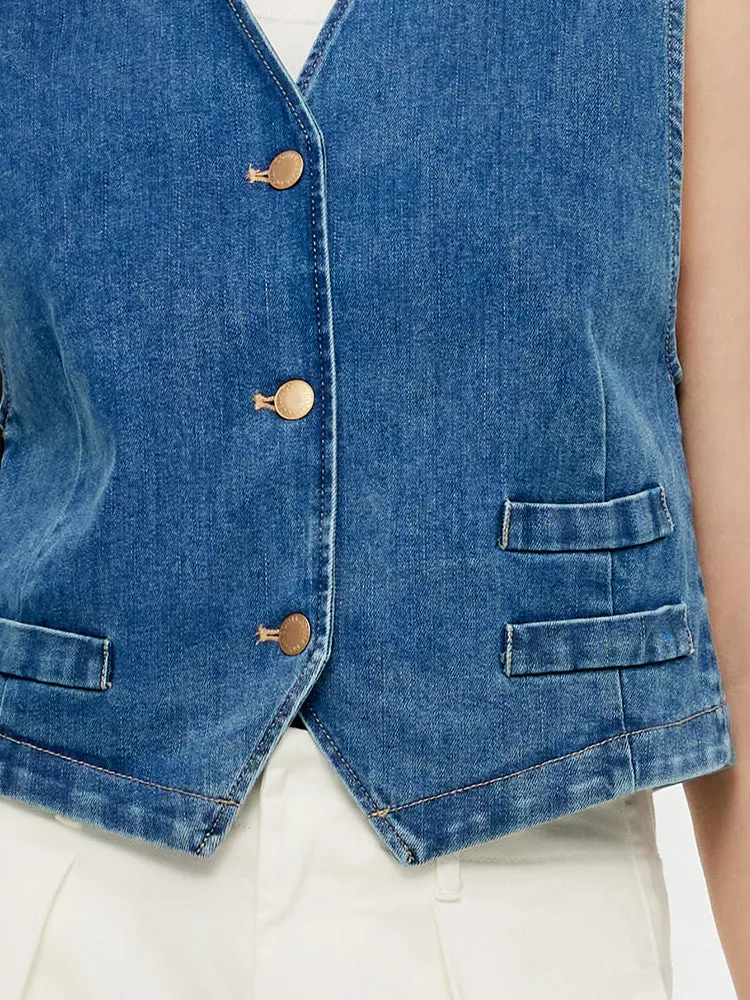 Single-Breasted Women Denim Crop Vest