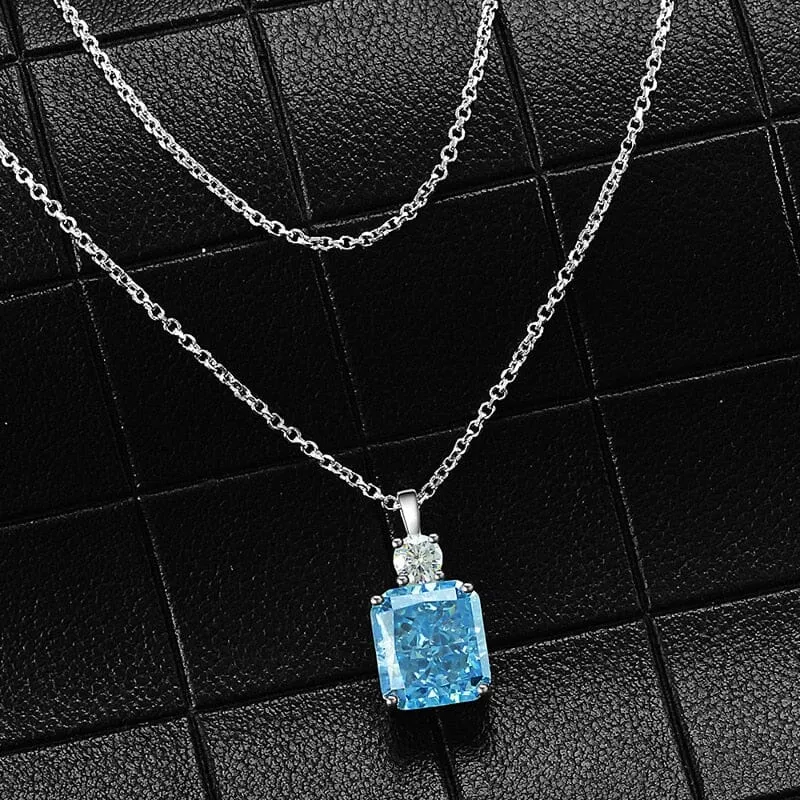 Square Elegant Aquamarine Citrine Diamond Pendant Necklace