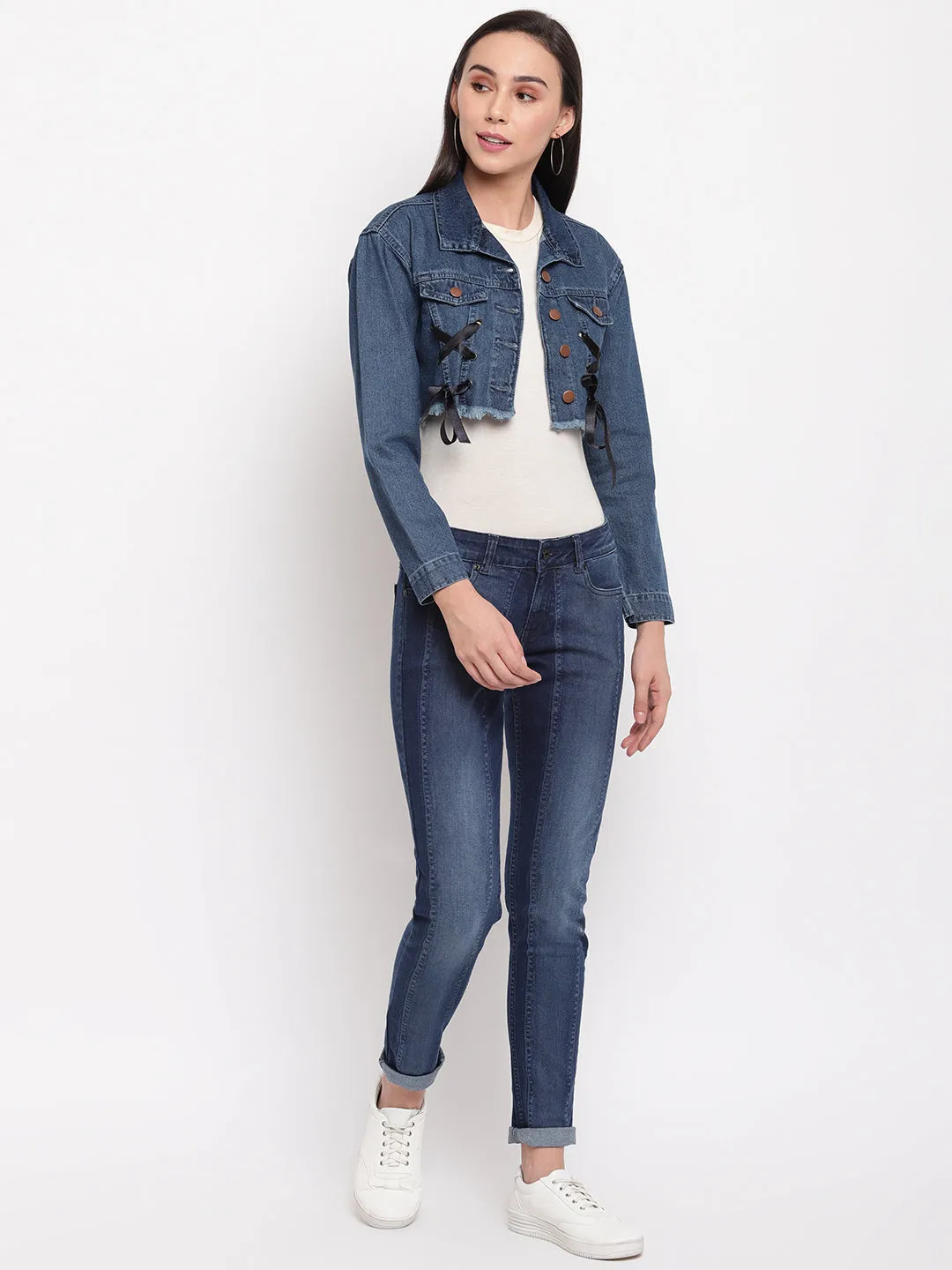 Women Dark Blue Cropped Denim Jacket