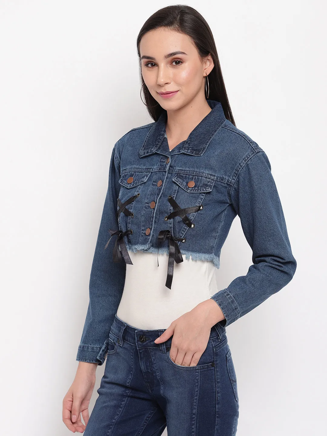 Women Dark Blue Cropped Denim Jacket