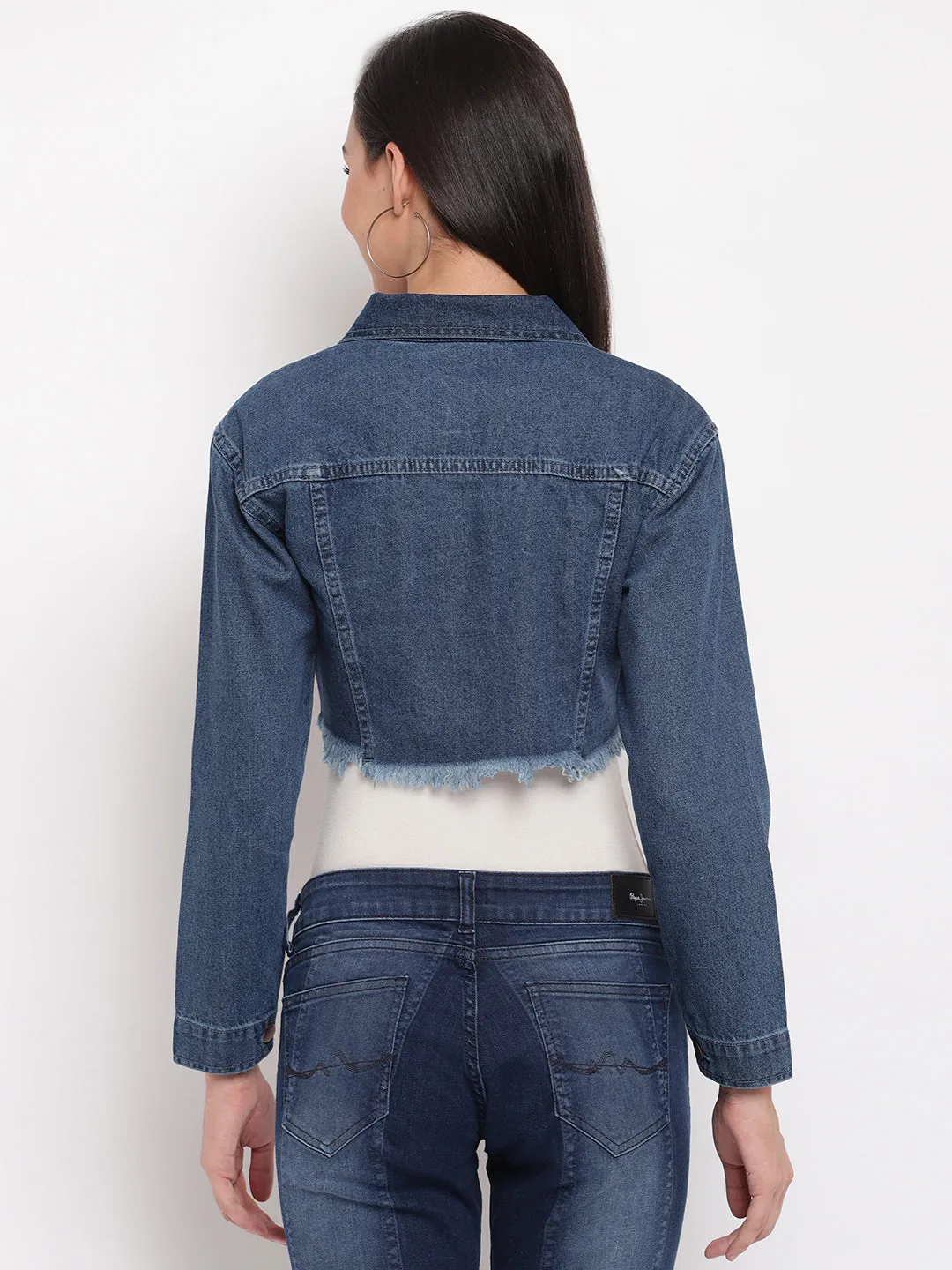 Women Dark Blue Cropped Denim Jacket